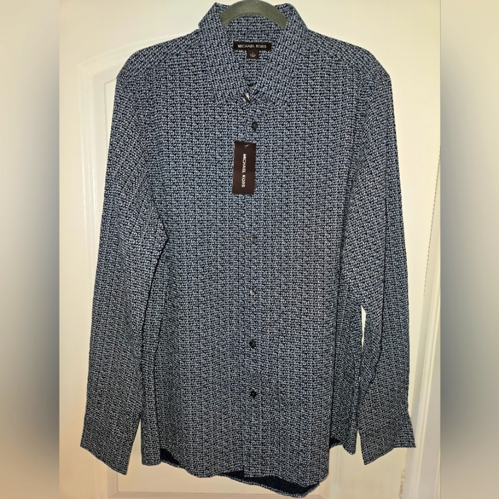 Michael Kors Men's Navy Blue Patterned Button-Down Dress Shirt - Large -‎ NWT